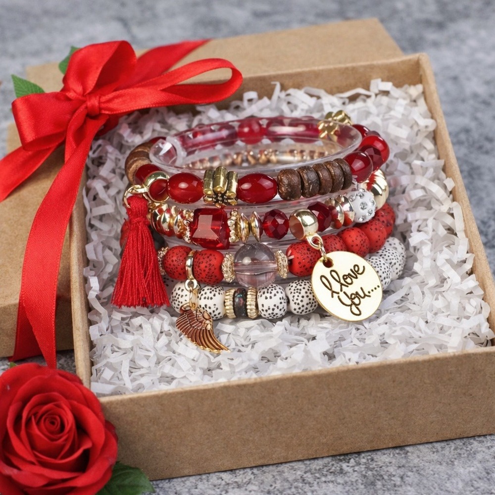 Bracelet‎ Red & White Bohemian Pendant Tassel Beaded Bracelet 4-pcs.